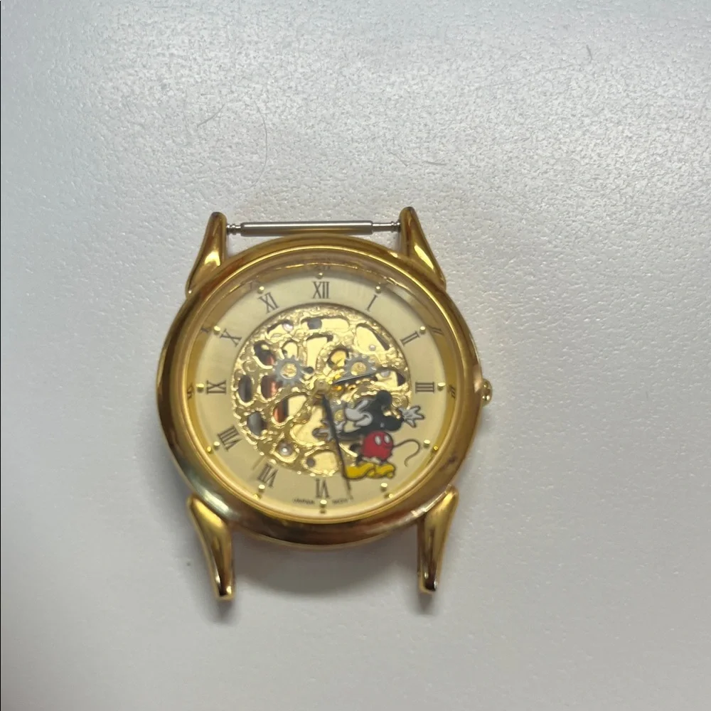 Vintage Gold Skeleton Mickey Mouse  Watch with Brown Leather Strap - Picture 2 of 5